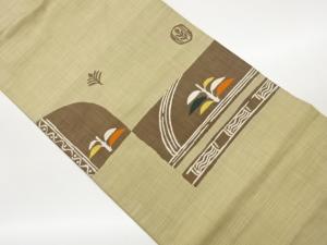 草葉に幾何学模様織出し名古屋帯